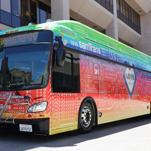 SamTrans Pride Bus that says "Love, it's Electrifying"