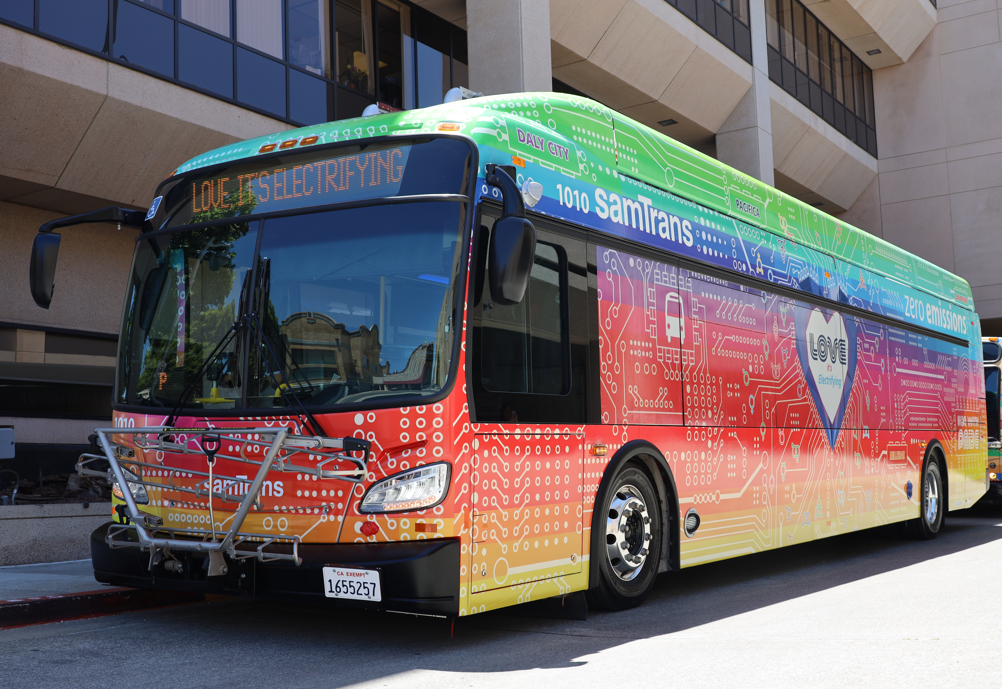 SamTrans Pride Bus that says "Love, it's Electrifying"